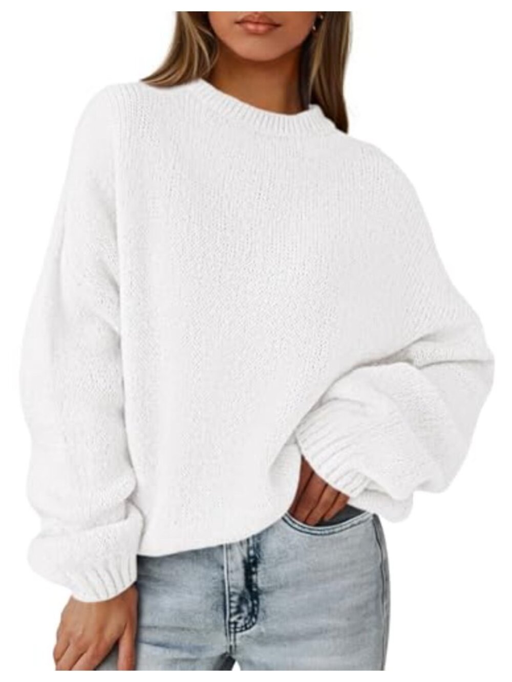 Oversized Chunky Knit Pullover Sweater Drop Shoulder Lantern Sleeve